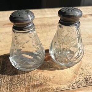 Vintage Etched Glass Salt and Pepper Shakers Sterling Silver Tops Floral Set